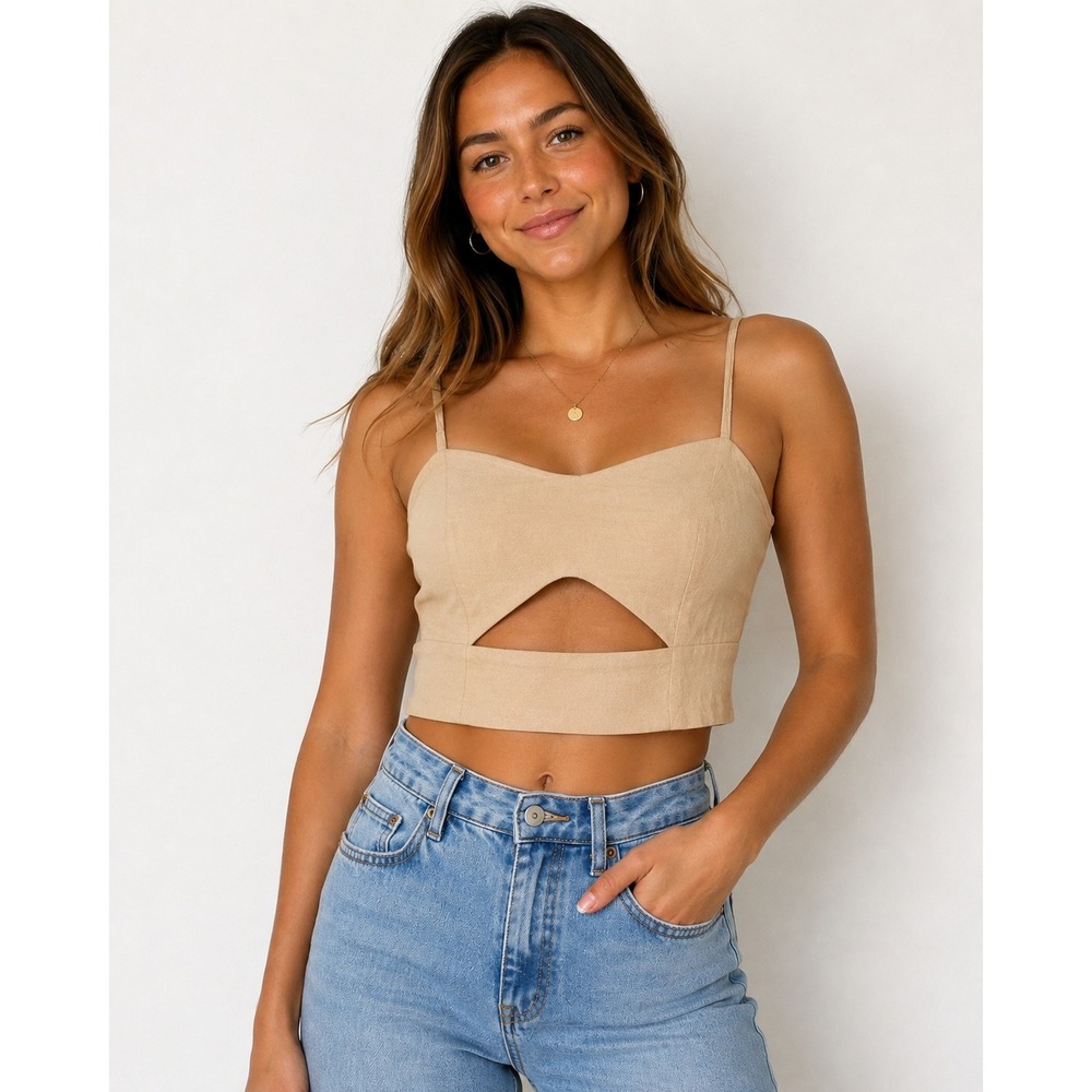 Kendall & Kylie Women's Nude Cutout Crop Cami Top Spaghetti Strap Medium